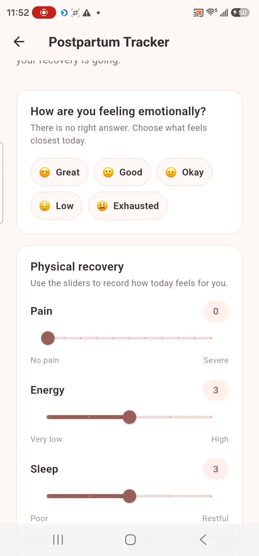 Postpartum check-ins screen